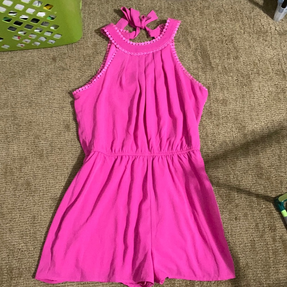 Pink tie neck romper